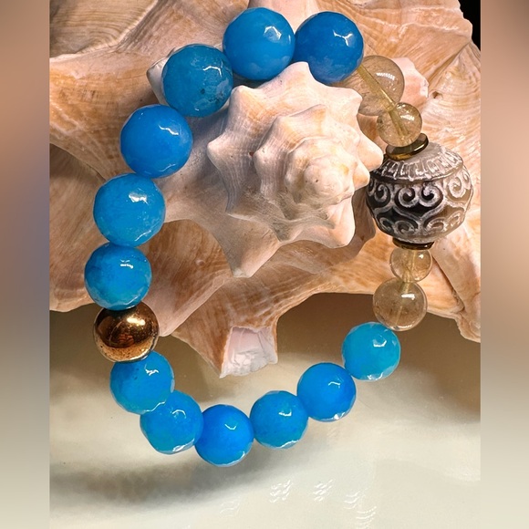 BLUE AGATE + JAK HORNS NATURAL STONES BRACELET size 7.5” - Picture 2 of 13